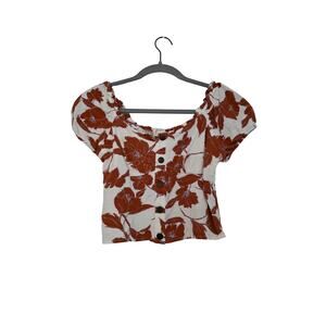 Women's Small Cropped Off Shoulder Linen Blend Floral Top Smock Boho Girlypop